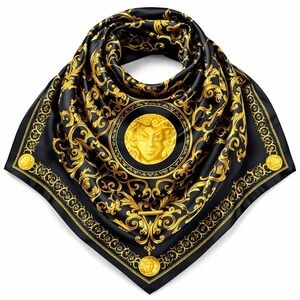 Medusa Italy Baroque Scarf Black Gold Old Money Mob Wife 35" Square Vintage
